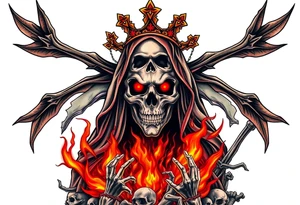 Powerful and evil Santa muerte rising from the flames and ashes of hell, surrounded by unclaimed souls tattoo idea