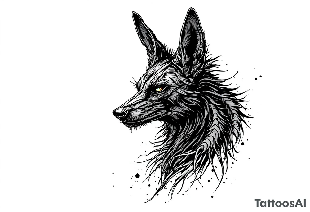 a creature that looks strongly like a combination of Anubis, and a black hound, with the tall pointy ears of a jackal, looking back, serious and daring tattoo idea