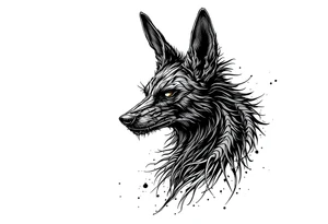 a creature that looks strongly like a combination of Anubis, and a black hound, with the tall pointy ears of a jackal, looking back, serious and daring tattoo idea