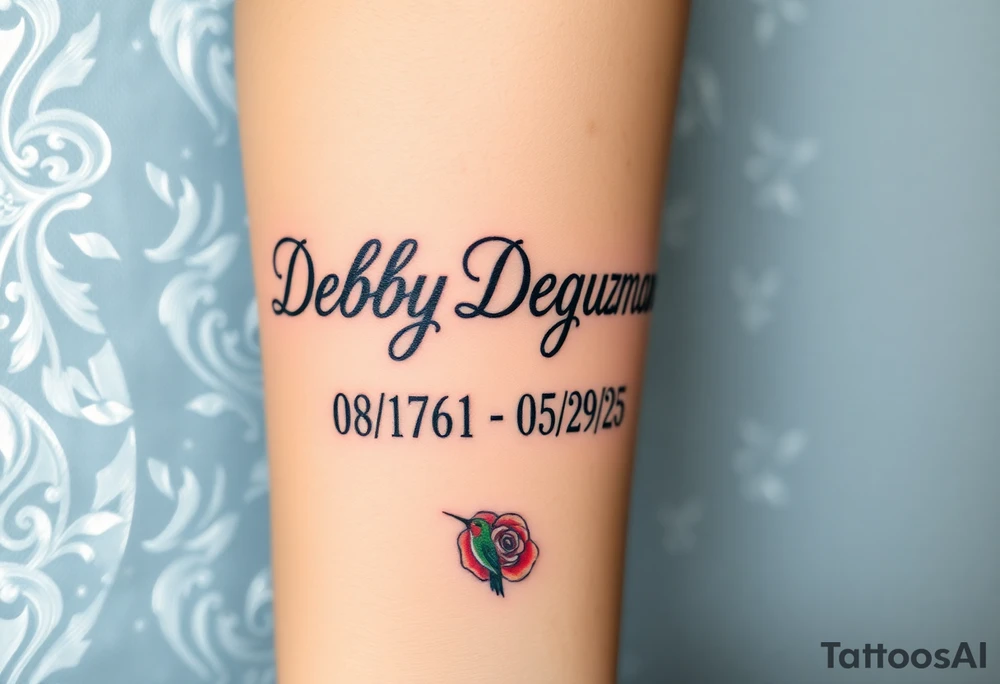 Tattoo of the exact name Debby Deguzman in chunky bold curly cursive with the exact dates of 08/17/61-05/29/25 surrounded by 1 hummingbird and 1 rose tattoo idea