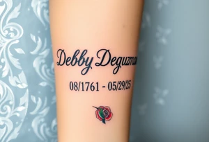 Tattoo of the exact name Debby Deguzman in chunky bold curly cursive with the exact dates of 08/17/61-05/29/25 surrounded by 1 hummingbird and 1 rose tattoo idea