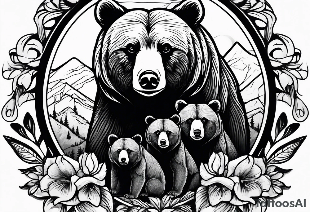 momma bear with 3 cubs tattoo idea