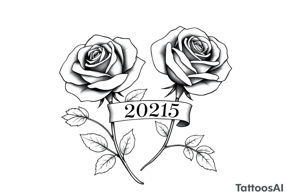 two beautiful large rose buds, one larger than the other, with many leaves next to the rose buds, with one sitting higher than the other. Include a banner connecting the two roses with the year "2025" on it.   Use dark outlines with little shading. The two stems should be short, not long, and connect and join into one stem, whimsically curved or twisted - not straight down. tattoo idea