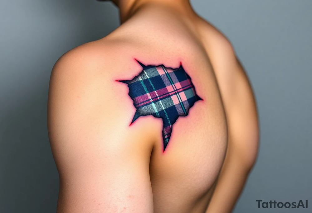 Dark Purple with green pink blue and white highlights tartan fabric on bicep with skin ripping away to reveal tartan underneath tattoo idea