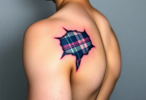 Dark Purple with green pink blue and white highlights tartan fabric on bicep with skin ripping away to reveal tartan underneath tattoo idea