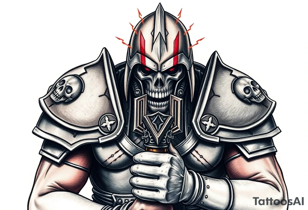 Warhammer, the Old World. A warrior priest of Sigmar holding The Warhammer of Sigmar. The Warhammer of Sigmar is radiating thunderous energy. The Warhammer is held by the warrior priest with both hands upon his chest level. The Warrior priest is wearing dark alloyed heavy armour with skull sigils on his shoulder pads. The warrior priest is wearing a helmet, while the helmets front visor has an humanoid face covering. The helmet and armour are gladened with hints of gold and crimson red. tattoo idea