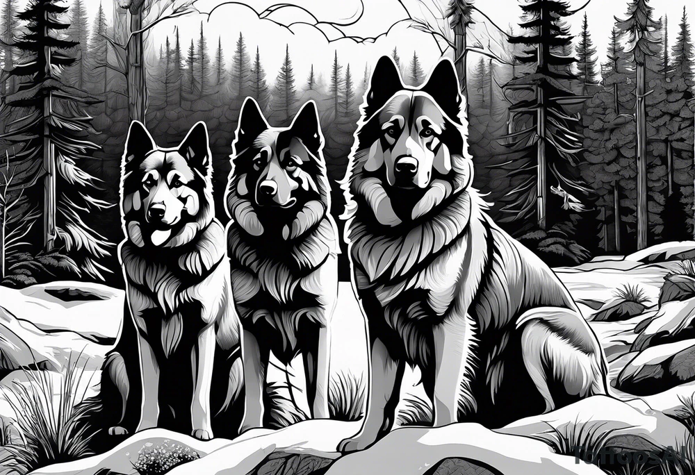 two norwegian elkhounds guarding a dark forest tattoo idea