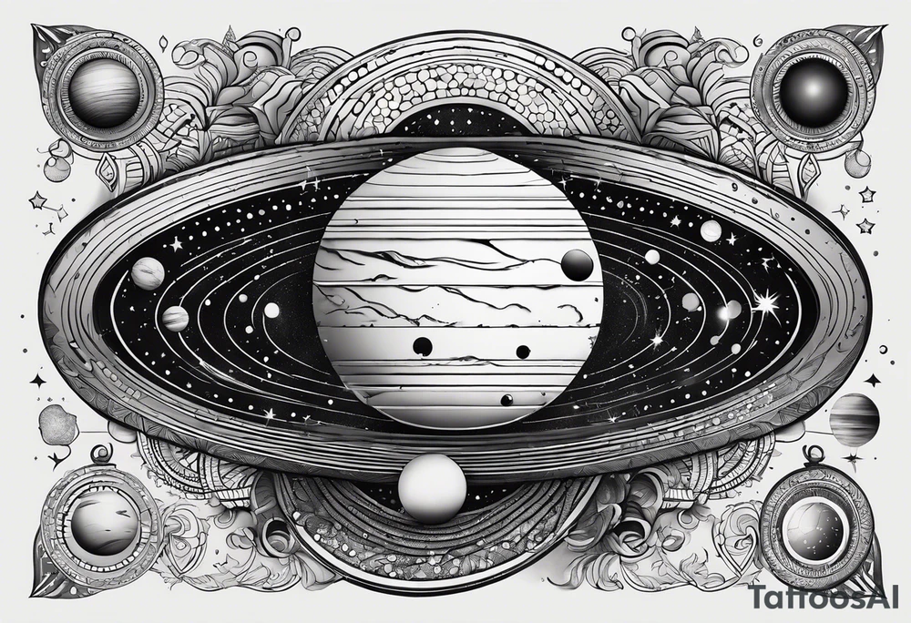 simple jupiter with circular objects and geometric elements, stippled shading, little bit of dotwork, white background tattoo idea