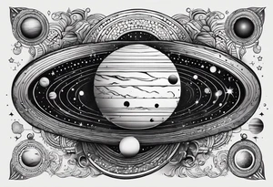 simple jupiter with circular objects and geometric elements, stippled shading, little bit of dotwork, white background tattoo idea