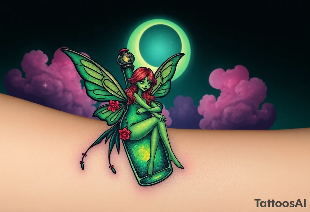 Tim Burton’s green absinthe fairy flitters outside her victorian absinthe bottle it sparkles with magic and dripping with muted reds, dusty pinks, and eerie green glow.purple and cyan smokey clouds swirl in the crescent moonlit sky thats sprinkled with stars tattoo idea tattoo idea