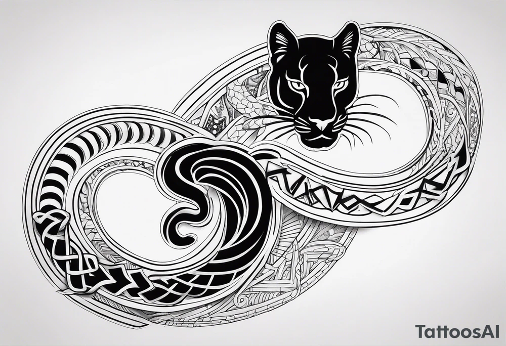 A snake and a panther wrap around the word "vitality" tattoo idea