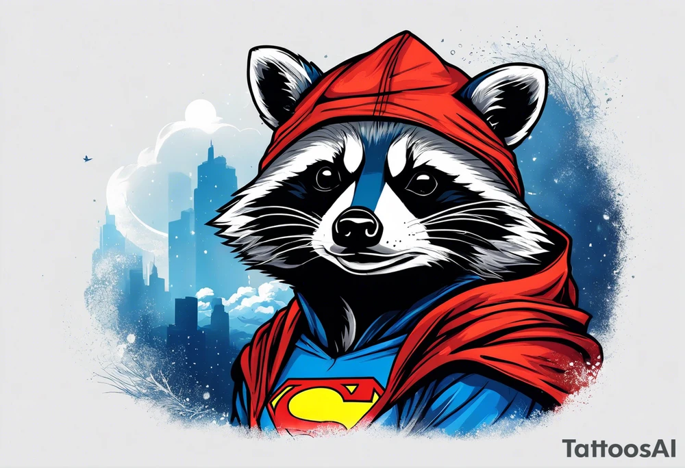 raccoon wearing a Superman hoodie tattoo idea