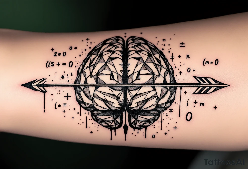 A front-seen brain in geometric and straight lines, math symbols arround. A detailed arrow crosses from below and exit from the top, with its tip desintegrating to represent entropy and watercolor stains spilled from the arrow. Around of the main tattoo, math and physics formulas, including the formulas "ΔS ≥ 0" and "(iδ + m) Φ = 0" tattoo idea