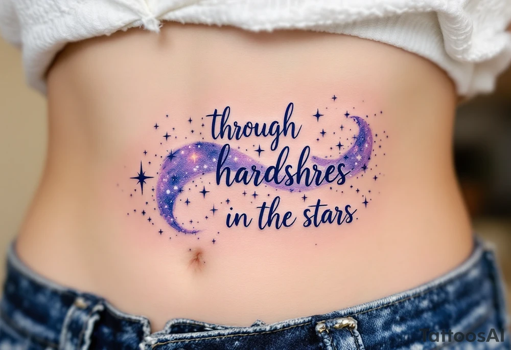 The quote “Through hardships to the stars” flows in navy ink around a violet galaxy, etched along the ribs. tattoo idea