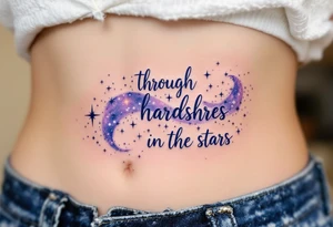 The quote “Through hardships to the stars” flows in navy ink around a violet galaxy, etched along the ribs. tattoo idea