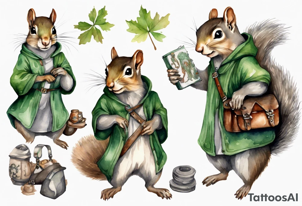 a female grey squirrel dressed in a grey and green tunic wearing a medieval messenger bag tattoo idea