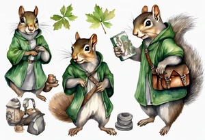 a female grey squirrel dressed in a grey and green tunic wearing a medieval messenger bag tattoo idea