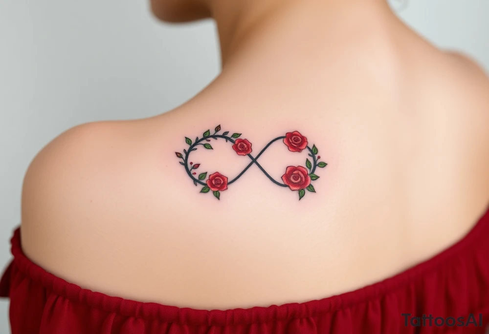 Full infinity symbol made out of vine banches with delicate roses, in soft red and green hues tattoo idea