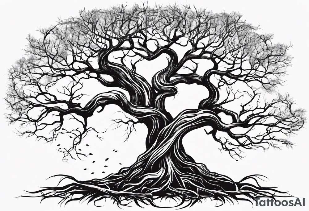 twisted leafless tree with long roots and branches stencil for chest and collar bone tattoo idea