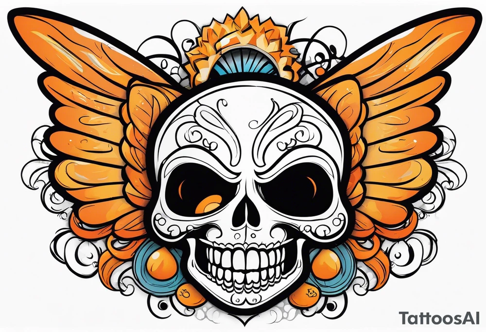 Angel skull laughing black and orange tattoo idea
