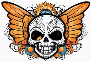 Angel skull laughing black and orange tattoo idea