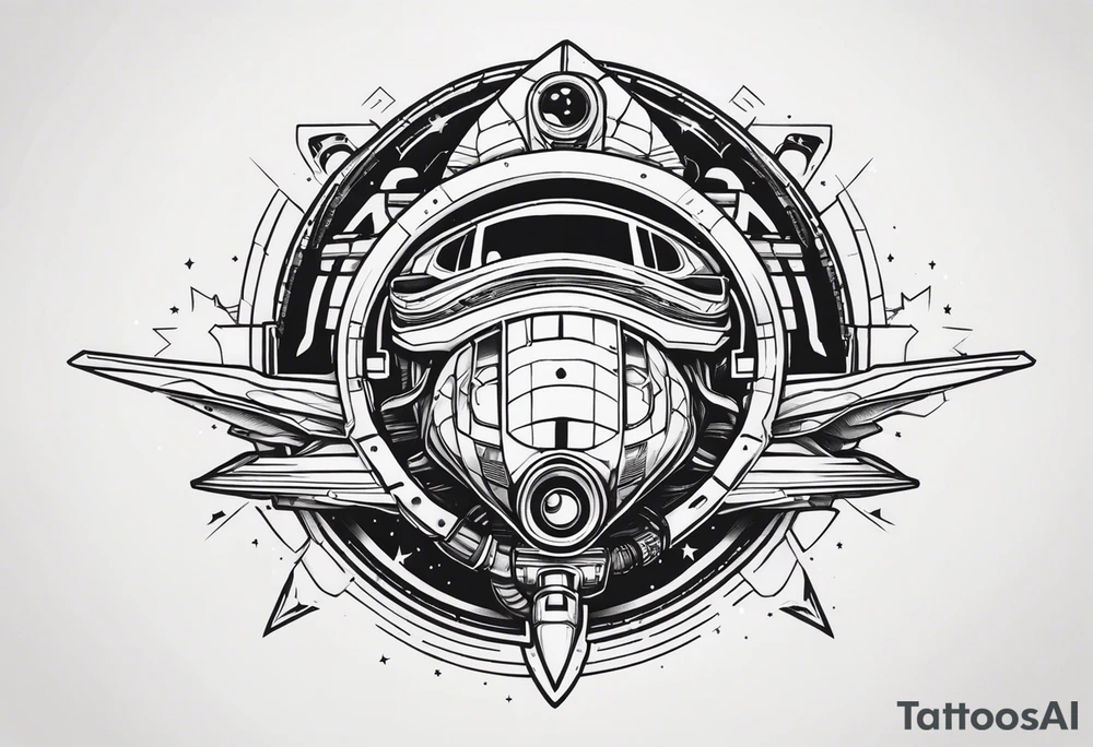 Aggresive Snake with an engine, also the design must be vertical. Also, the desing must be minimalistic not saturated. Remember the vertical proportion of the design. Within the design appears a spaceship with stars and bullets tattoo idea