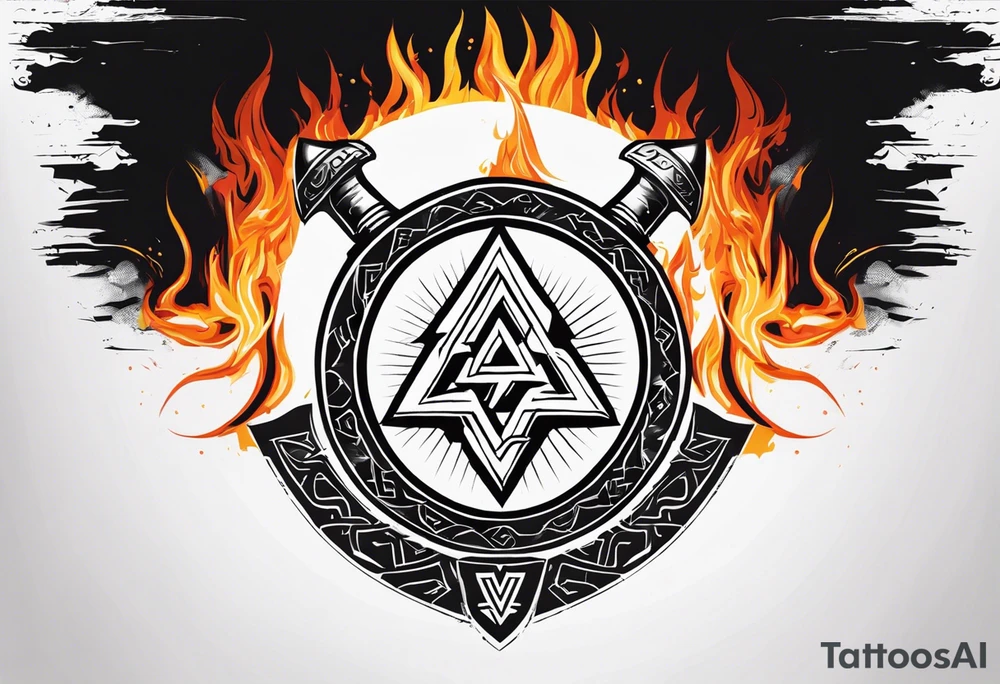 Valhalla fire sword shield axe Valknut ruins lightnings tattoo idea Valhalla fire sword shield axe Valknut ruins lightnings tattoo idea
