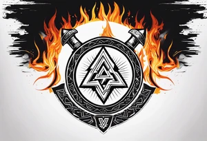 Valhalla fire sword shield axe Valknut ruins lightnings tattoo idea