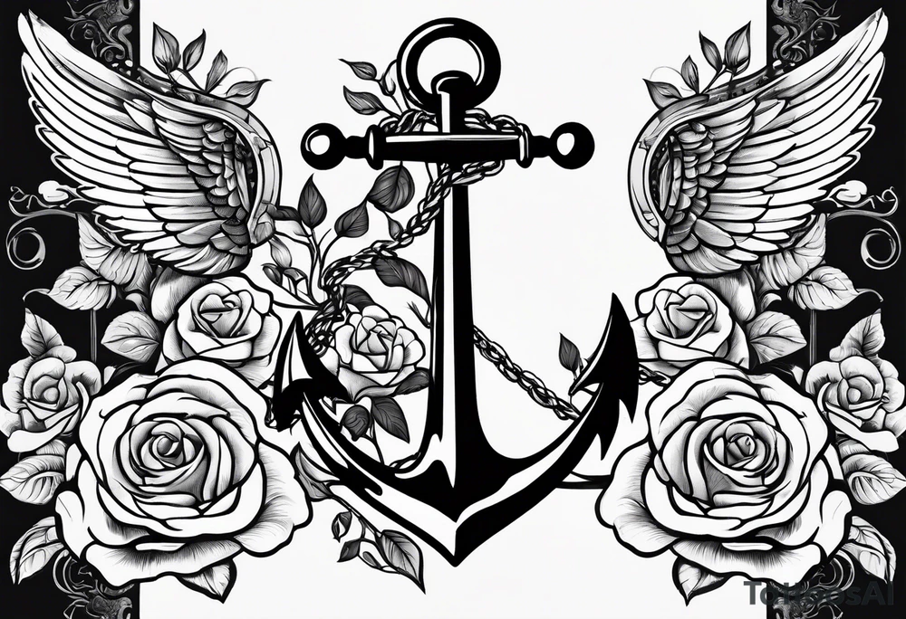 An anchor with a large S through the anchor. Angle wings on the left and right side. Roses below the anchor. Waves in the back ground tattoo idea