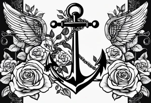 An anchor with a large S through the anchor. Angle wings on the left and right side. Roses below the anchor. Waves in the back ground tattoo idea