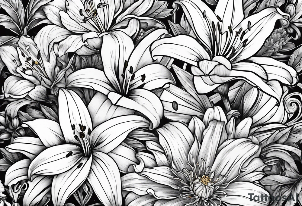 lily, marigold, cosmo, and aster tattoo idea