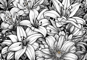 lily, marigold, cosmo, and aster tattoo idea
