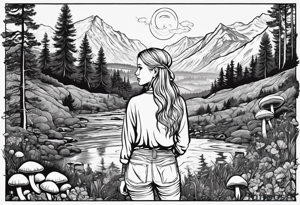 Whole picture encircled fully

Straight long blonde hair hippie girl in distance holding mushrooms in hand facing away toward mountains and creek surrounded by mushrooms long sleeve shirt and hiking pants; whole rendering within a full circle, no cut off circle tattoo idea