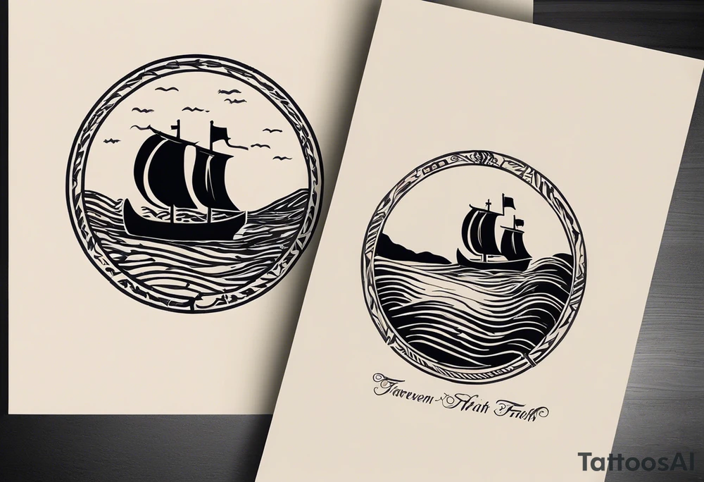Design me a tattoo for an upper left arm half sleeve, with the script "Áit éigin taobh thall den farraige, áit éigin ag fanacht dom" and to be over a coast scene from the beach at warrenpoint in northern ireland. Make it in the style of Viking design incorporated into the design with a rune, but the text is a must tattoo idea