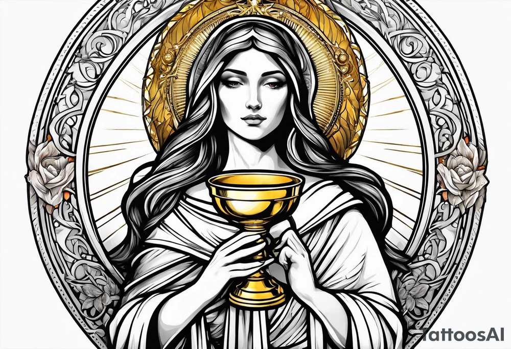 holy saint woman with golden halo holding a chalice tattoo idea