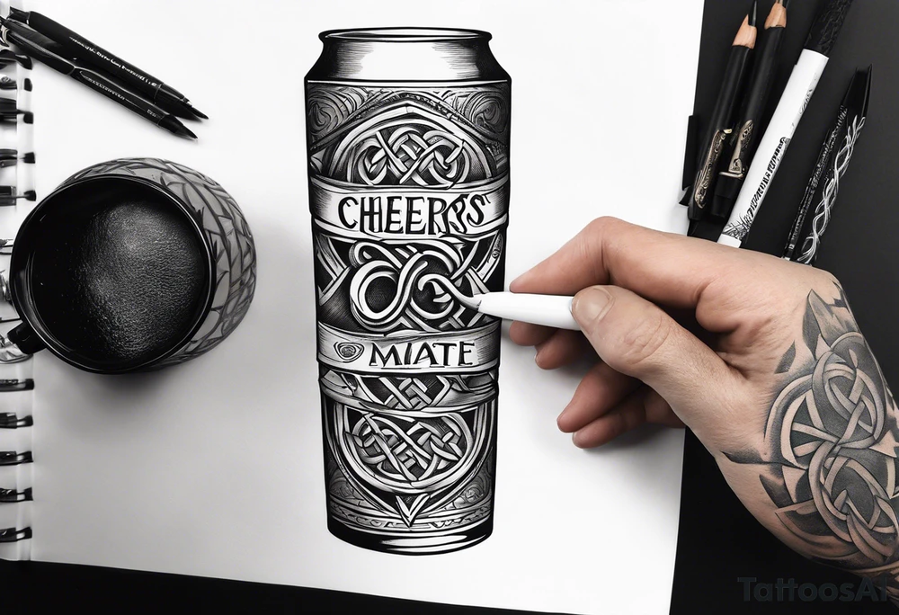 Cheers Mate text, armband +Celtic +Cancer Ribbon +tribal +artistic +a toast tattoo idea