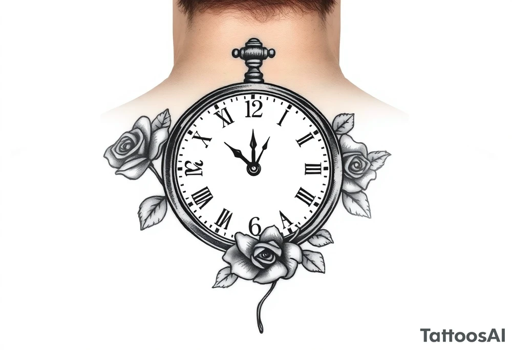 Clock showing 12:56 with rose stencil white background tattoo idea