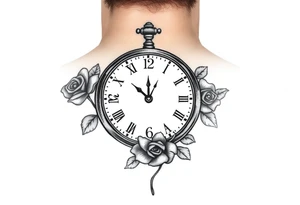 Clock showing 12:56 with rose stencil white background tattoo idea