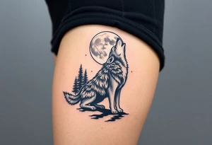 lone wolf howling at full moon with northern lights backdrop tattoo idea