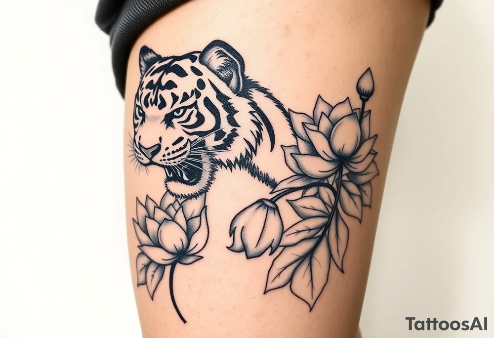 fierce tiger emerging through blooming lotus flowers in mist tattoo idea