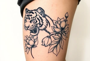 fierce tiger emerging through blooming lotus flowers in mist tattoo idea