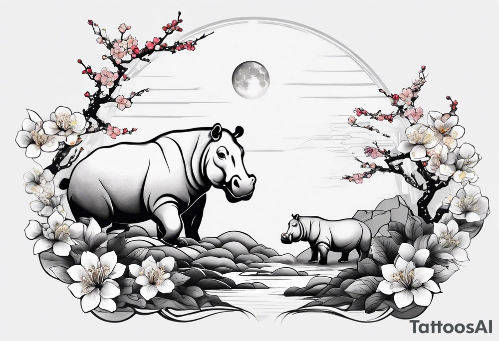 Asymmetrical, geometric, chinese ink art touch, hippo , full moon, wintersweet flower, light , modify from my favourite, s-shape tattoo idea