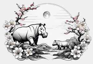 Asymmetrical, geometric, chinese ink art touch, hippo , full moon, wintersweet flower, light , modify from my favourite, s-shape tattoo idea