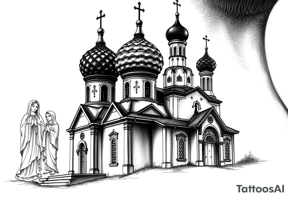 Russian orthodox church with bulb domes with a prominent russian orthodox style virgin mary stood outside to the left tattoo idea