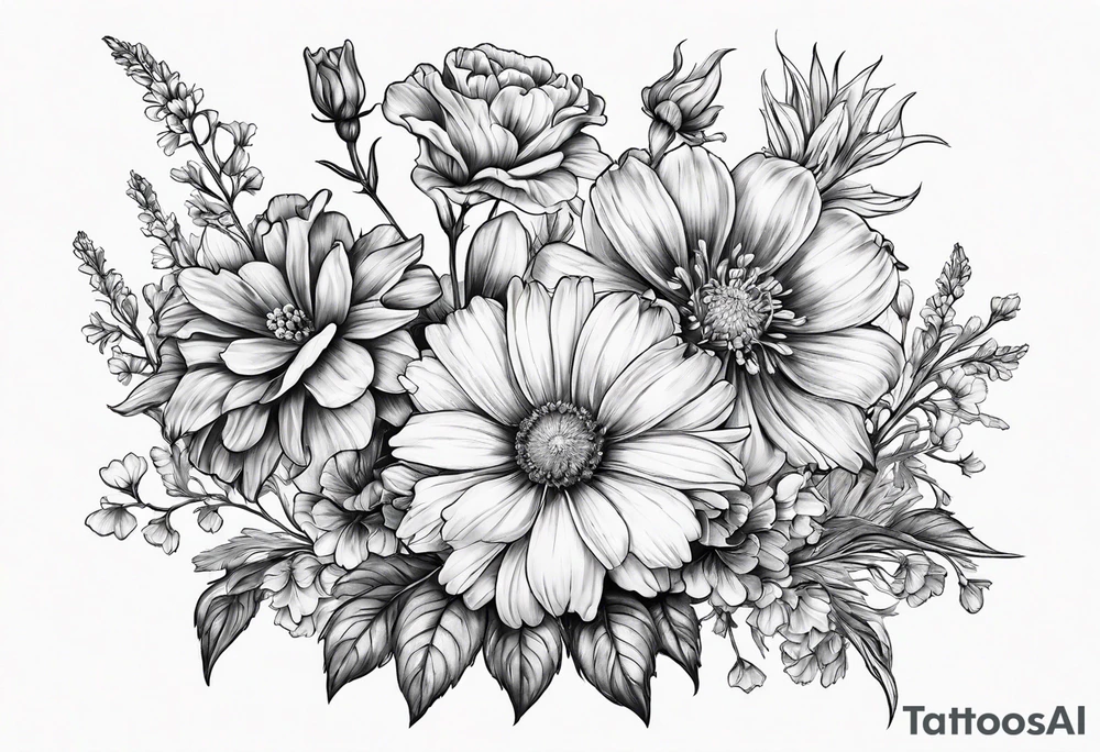 Floral bouquet with one larkspur, one carnation, one violet and one daisy tattoo idea