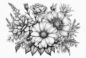 Floral bouquet with one larkspur, one carnation, one violet and one daisy tattoo idea