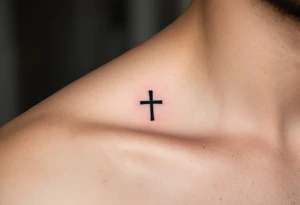 A small, sharp-edged black cross tattoo placed just beneath the outer corner of the eye on face. tattoo idea