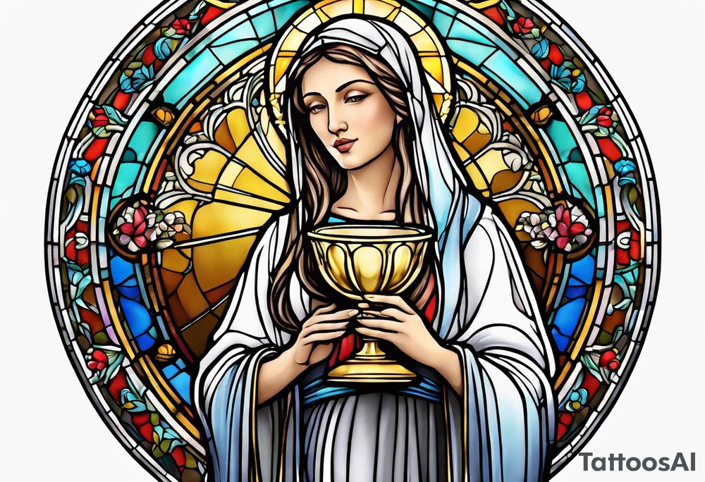 holy saint woman with halo stained glass holding a chalice tattoo idea