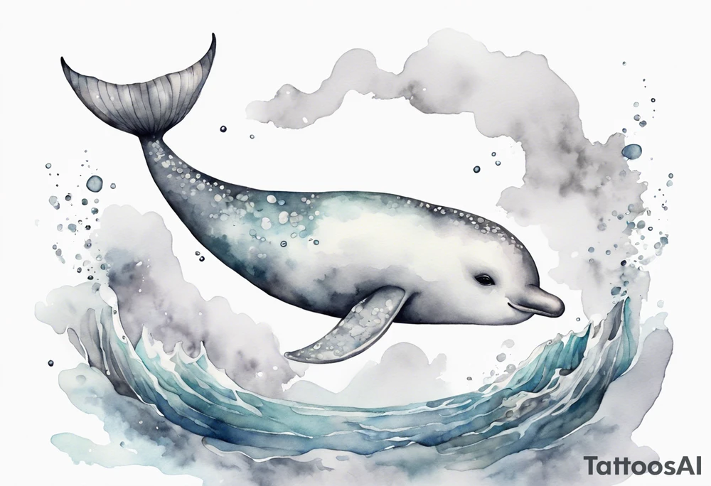 a melancholy watercolor painting of a realistic white narwhal swimming in a grey ocean tattoo idea