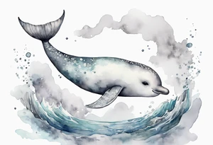 a melancholy watercolor painting of a realistic white narwhal swimming in a grey ocean tattoo idea